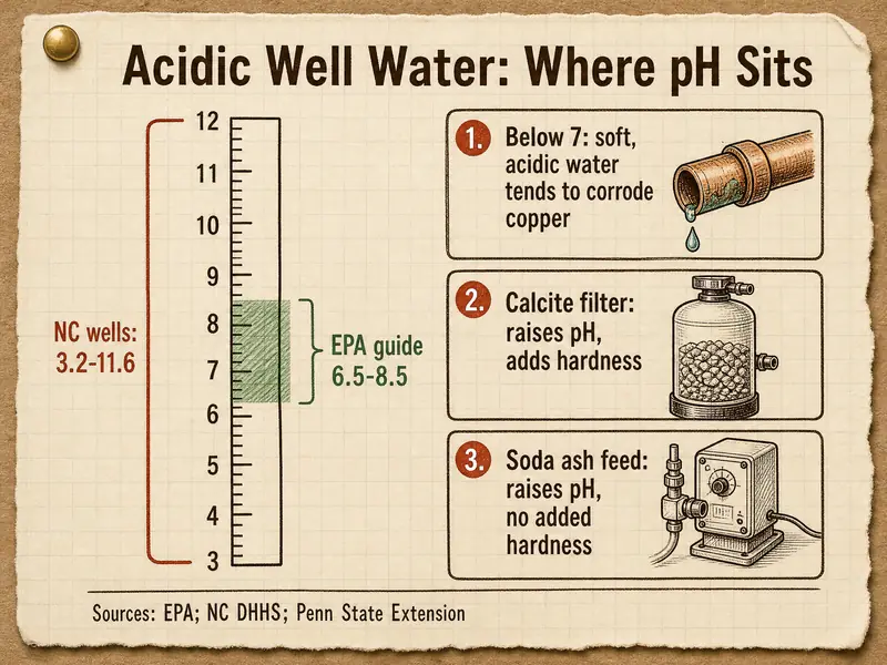 Acidic Well Water: Where pH Sits. A pH ruler from 3 to 12 with EPA guide 6.5-8.5 shaded and NC wells 3.2-11.6 bracketed. Panel 1: below 7, soft, acidic water tends to corrode copper. Panel 2: calcite filter raises pH, adds hardness. Panel 3: soda ash feed raises pH, no added hardness. Sources: EPA; NC DHHS; Penn State Extension.