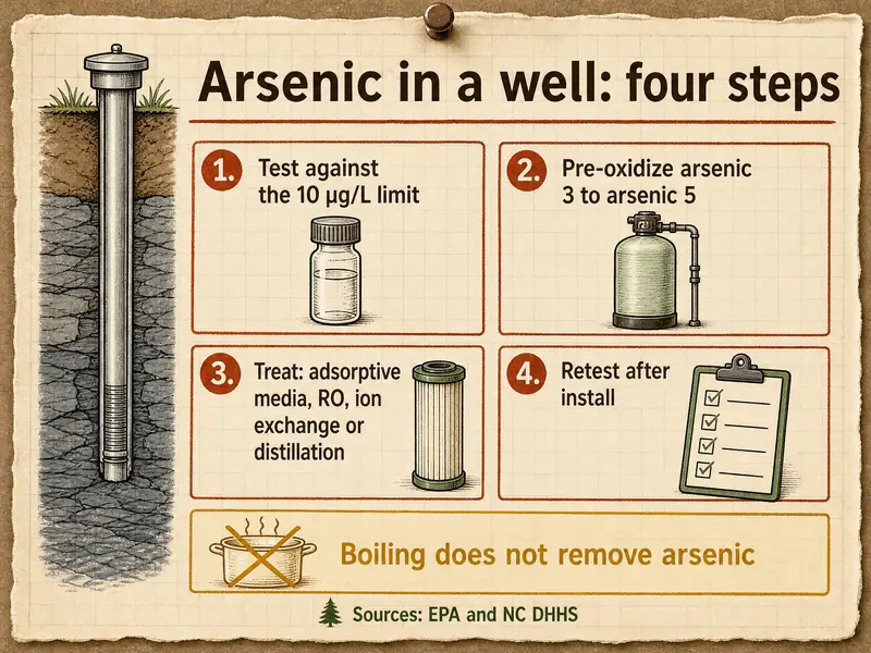 Arsenic in a well: four steps, beside a drilled well casing. 1, test against the 10 µg/L limit; 2, pre-oxidize arsenic 3 to arsenic 5; 3, treat with adsorptive media, RO, ion exchange or distillation; 4, retest after install. Note: boiling does not remove arsenic. Sources: EPA and NC DHHS.