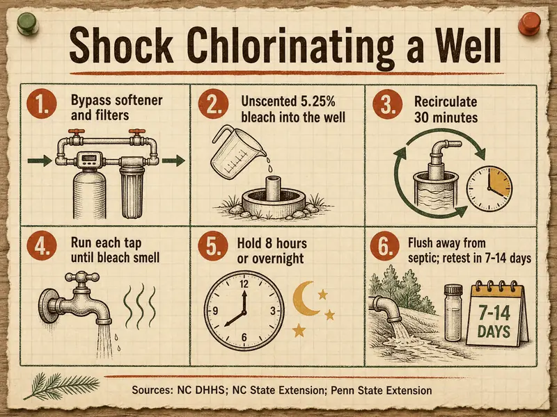 Shock Chlorinating a Well. 1. Bypass softener and filters. 2. Unscented 5.25% bleach into the well. 3. Recirculate 30 minutes. 4. Run each tap until bleach smell. 5. Hold 8 hours or overnight. 6. Flush away from septic; retest in 7-14 days. Sources: NC DHHS; NC State Extension; Penn State Extension.