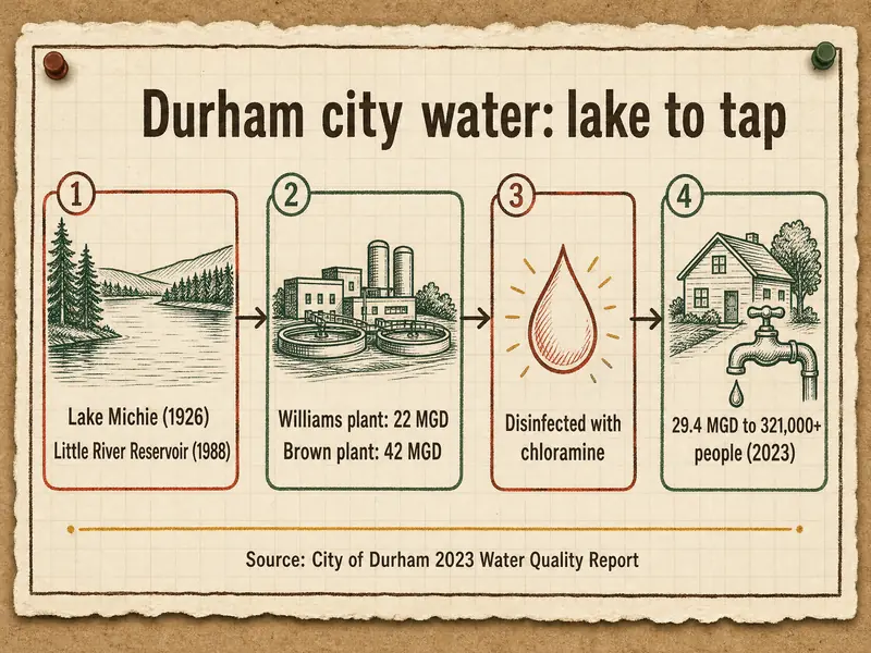 Durham city water: lake to tap. 1, Lake Michie (1926) and Little River Reservoir (1988). 2, Williams plant 22 MGD and Brown plant 42 MGD. 3, disinfected with chloramine. 4, 29.4 MGD to 321,000+ people (2023). Source: City of Durham 2023 Water Quality Report.