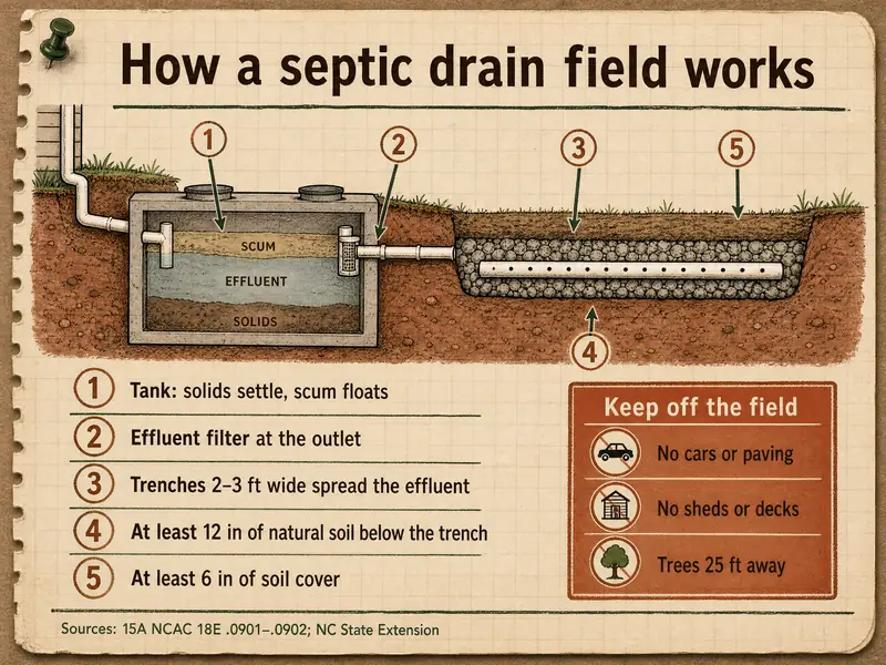 Cutaway titled How a septic drain field works with five numbered callouts: 1 tank, solids settle, scum floats; 2 effluent filter at the outlet; 3 trenches 2–3 ft wide spread the effluent; 4 at least 12 in of natural soil below the trench; 5 at least 6 in of soil cover. Side box Keep off the field: no cars or paving, no sheds or decks, trees 25 ft away. Sources: 15A NCAC 18E .0901–.0902; NC State Extension.