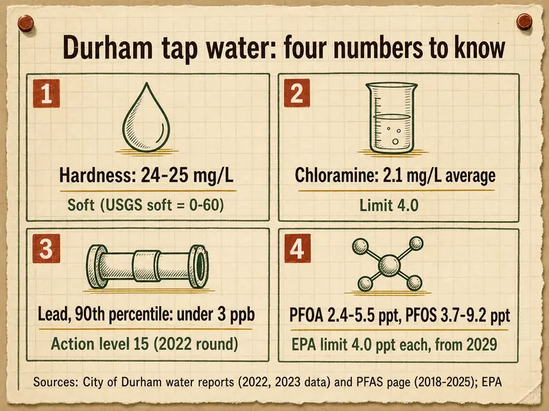 Durham tap water: four numbers to know. 1, hardness 24-25 mg/L, soft (USGS soft = 0-60). 2, chloramine 2.1 mg/L average, limit 4.0. 3, lead 90th percentile under 3 ppb, action level 15 (2022 round). 4, PFOA 2.4-5.5 ppt and PFOS 3.7-9.2 ppt, EPA limit 4.0 ppt each from 2029. Sources: City of Durham water reports (2022, 2023 data) and PFAS page (2018-2025); EPA.