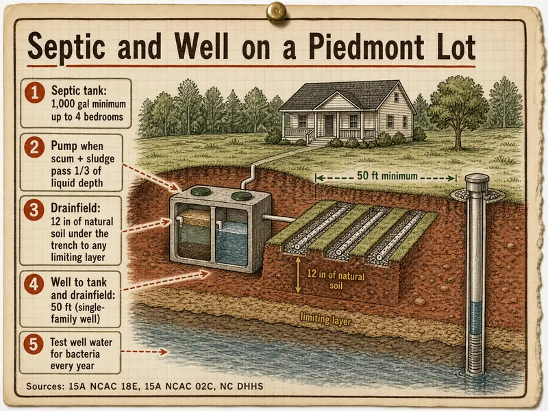 Septic and well on a Piedmont lot: cutaway of a house, two-compartment septic tank, gravel drainfield trenches on red clay and a drilled well. Callouts: 1 septic tank 1,000 gallons minimum up to 4 bedrooms; 2 pumping is due once scum and sludge top one-third of the liquid depth; 3 drainfield needs 12 inches of natural soil under the trench to any limiting layer; 4 well to tank and drainfield 50 feet for a single-family well; 5 test well water for bacteria every year. Sources: 15A NCAC 18E, 15A NCAC 02C and NC DHHS.