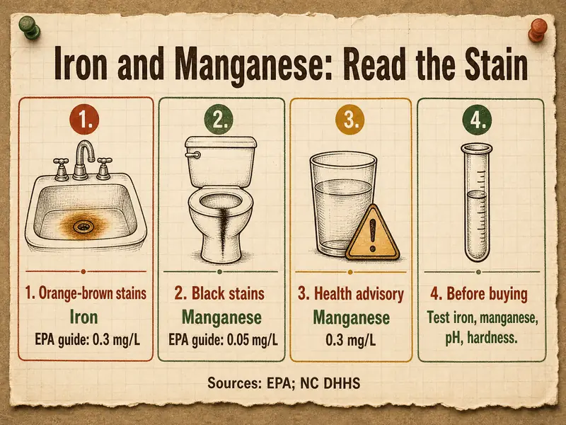 Iron and Manganese: Read the Stain. Panel 1: orange-brown stains, iron, EPA guide 0.3 mg/L. Panel 2: black stains, manganese, EPA guide 0.05 mg/L. Panel 3: health advisory, manganese, 0.3 mg/L. Panel 4: before buying, test iron, manganese, pH, hardness. Sources: EPA; NC DHHS.