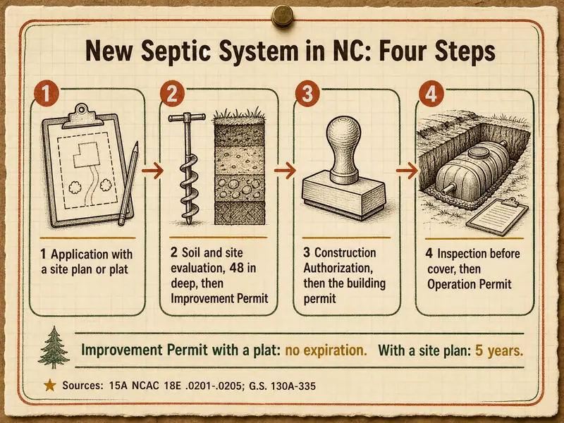 New septic system in NC in four steps: 1 application with a site plan or plat; 2 soil and site evaluation 48 inches deep, then Improvement Permit; 3 Construction Authorization, then the building permit; 4 inspection before cover, then Operation Permit. Note: an Improvement Permit with a plat has no expiration; with a site plan it lasts 5 years. Sources: 15A NCAC 18E .0201-.0205 and G.S. 130A-335.