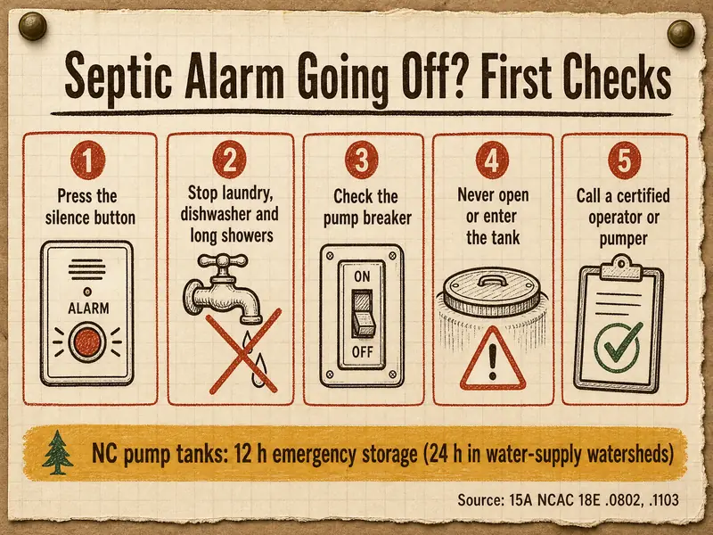 Septic Alarm Going Off? First Checks: 1 Press the silence button; 2 Stop laundry, dishwasher and long showers; 3 Check the pump breaker; 4 Never open or enter the tank; 5 Call a certified operator or pumper. NC pump tanks: 12 h emergency storage (24 h in water-supply watersheds). Source: 15A NCAC 18E .0802, .1103.