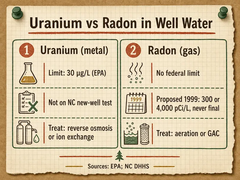 Uranium vs radon in well water. Uranium, a metal: limit 30 µg/L from EPA, not on the NC new-well test, treat with reverse osmosis or ion exchange. Radon, a gas: no federal limit, proposed in 1999 at 300 or 4,000 pCi/L and never final, treat with aeration or GAC. Sources: EPA and NC DHHS.