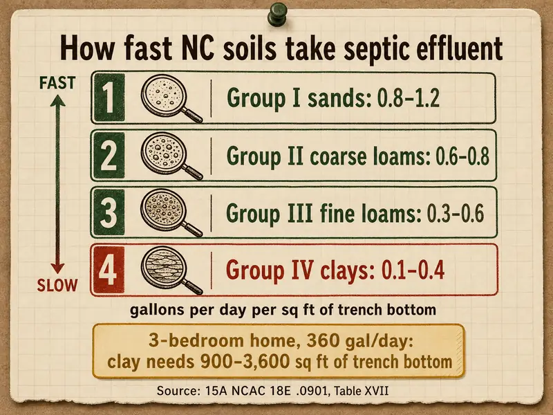 Soil ladder titled How fast NC soils take septic effluent: panel 1 Group one sands 0.8–1.2, Group II coarse loams 0.6–0.8, Group III fine loams 0.3–0.6, Group IV clays 0.1–0.4 gallons per day per sq ft of trench bottom; a 3-bedroom home at 360 gal/day on clay needs 900–3,600 sq ft of trench bottom. Source: 15A NCAC 18E .0901, Table XVII.