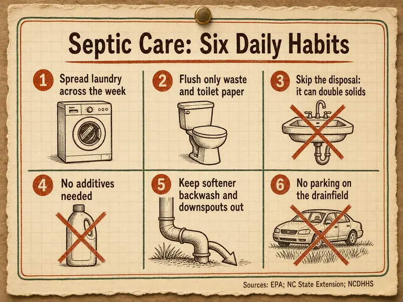 Septic Care: Six Daily Habits: 1 Spread laundry across the week; 2 Flush only waste and toilet paper; 3 Skip the disposal: it can double solids; 4 No additives needed; 5 Keep softener backwash and downspouts out; 6 No parking on the drainfield. Sources: EPA; NC State Extension; NCDHHS.