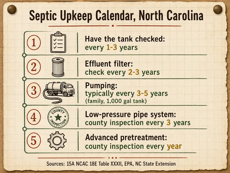 Septic upkeep calendar for North Carolina: 1 have the tank checked every 1-3 years; 2 check the effluent filter every 2-3 years; 3 pumping typically every 3-5 years for a family on a 1,000-gallon tank; 4 low-pressure pipe systems get a county inspection every 3 years; 5 advanced pretreatment systems get a county inspection every year. Sources: 15A NCAC 18E Table XXXII, EPA and NC State Extension.
