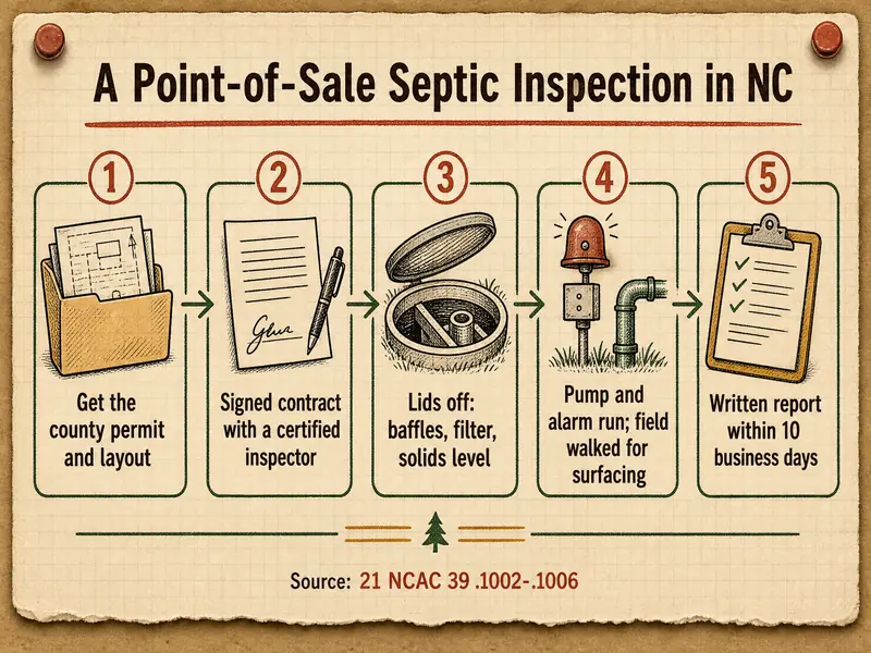 A point-of-sale septic inspection in NC in five steps: 1 get the county permit and layout; 2 signed contract with a certified inspector; 3 lids off to check baffles, filter and solids level; 4 pump and alarm run and the field walked for surfacing; 5 written report within 10 business days. Source: 21 NCAC 39 .1002-.1006.