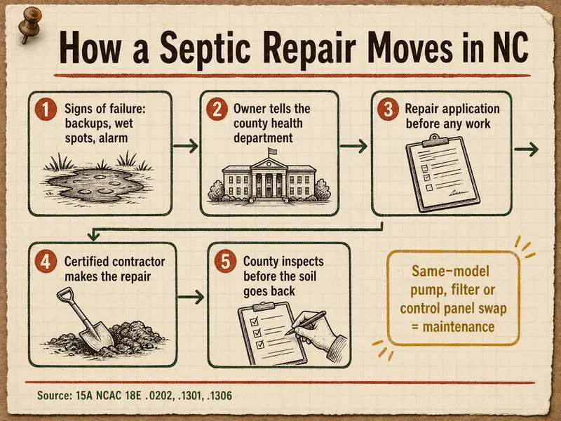 How a septic repair moves in NC: 1 signs of failure such as backups, wet spots or an alarm; 2 owner tells the county health department; 3 repair application before any work; 4 certified contractor makes the repair; 5 county inspects before the soil goes back. Side note: a same-model pump, filter or control panel swap is maintenance. Source: 15A NCAC 18E .0202, .1301, .1306.