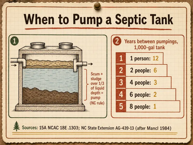 When to pump a septic tank: a tank cutaway shows scum, liquid and sludge, with scum plus sludge over one-third of liquid depth meaning pump under the NC rule; a ladder for a 1,000-gallon tank shows 12 years for 1 person, 6 for 2 people, 3 for 4, 2 for 6 and 1 for 8. Sources: 15A NCAC 18E .1303 and NC State Extension AG-439-13 after Mancl 1984.