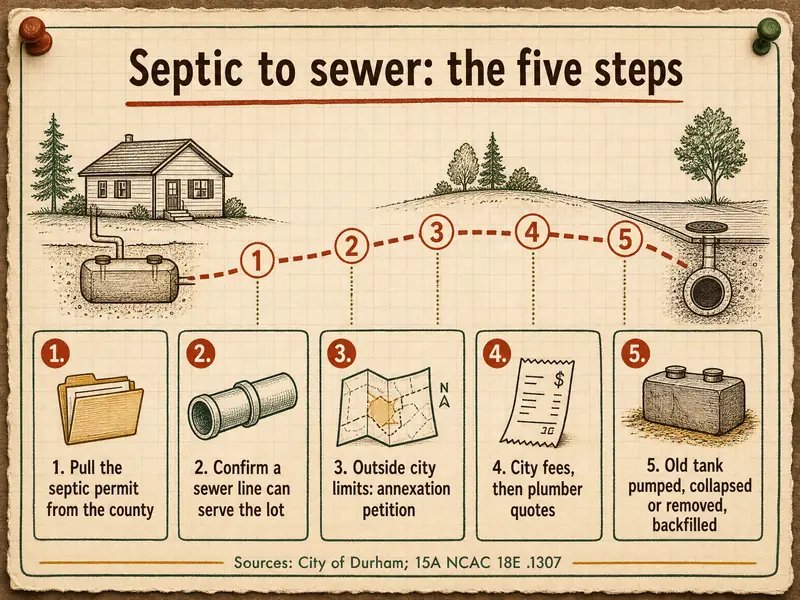 Septic to sewer: the five steps. 1, pull the septic permit from the county. 2, confirm a sewer line can serve the lot. 3, outside city limits: annexation petition. 4, city fees, then plumber quotes. 5, old tank pumped, collapsed or removed, backfilled. Sources: City of Durham; 15A NCAC 18E .1307.