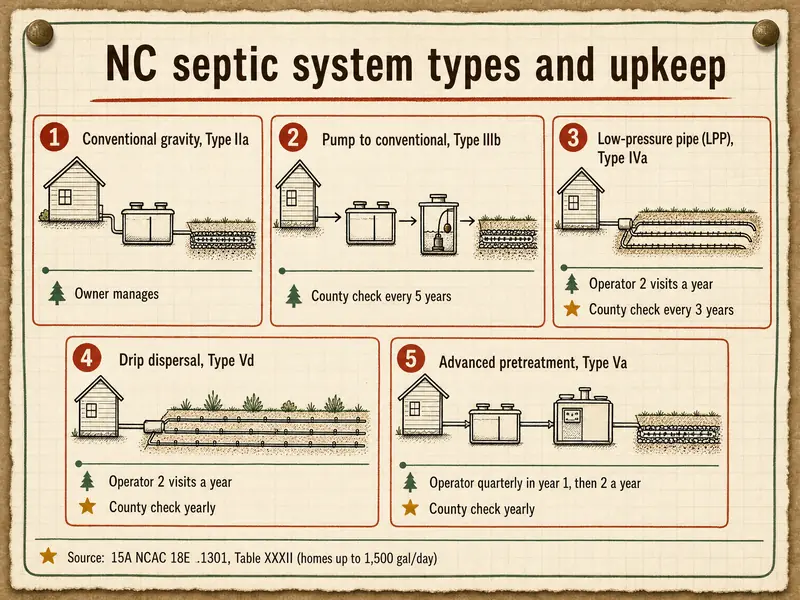 Five cards titled NC septic system types and upkeep: 1 conventional gravity, Type IIa, owner manages; 2 pump to conventional, Type IIIb, county check every 5 years; 3 low-pressure pipe (LPP), Type IVa, operator 2 visits a year, county check every 3 years; 4 drip dispersal, Type Vd, operator 2 visits a year, county check yearly; 5 advanced pretreatment, Type Va, operator quarterly in year 1, then 2 a year, county check yearly. Card 2 diagram: house, septic tank, pump tank, drainfield. Source: 15A NCAC 18E .1301, Table XXXII (homes up to 1,500 gal/day).