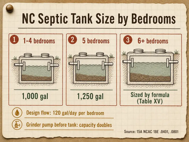 NC Septic Tank Size by Bedrooms: 1-4 bedrooms, 1,000 gal; 5 bedrooms, 1,250 gal; 6+ bedrooms, sized by formula (Table XV). Design flow: 120 gal/day per bedroom. Grinder pump before tank: capacity doubles. Source: 15A NCAC 18E .0401, .0801.