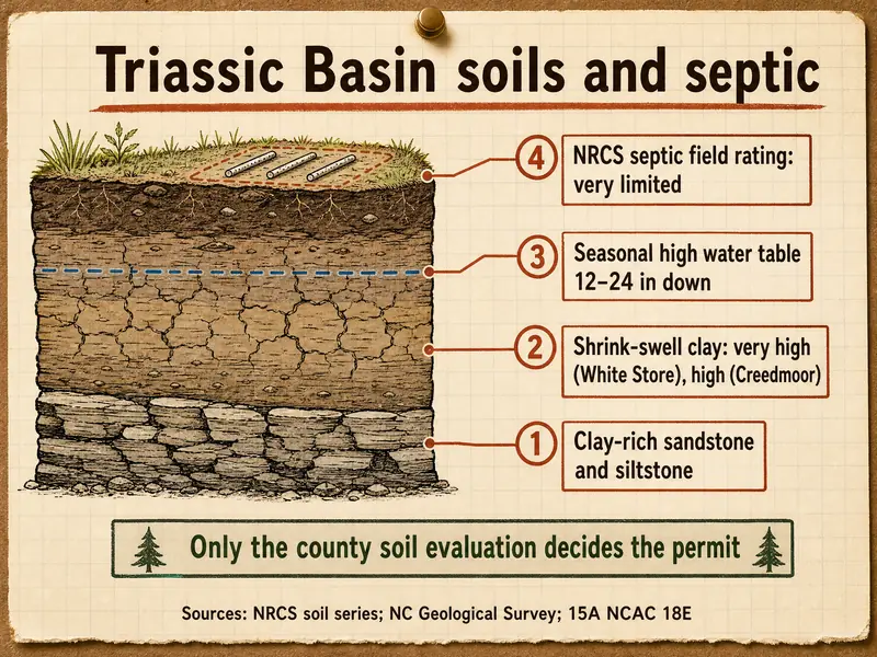 Soil cutaway titled Triassic Basin soils and septic with four numbered callouts: 1 clay-rich sandstone and siltstone; 2 shrink-swell clay, very high (White Store), high (Creedmoor); 3 seasonal high water table 12–24 in down; 4 NRCS septic field rating: very limited. Footer: Only the county soil evaluation decides the permit. Sources: NRCS soil series; NC Geological Survey; 15A NCAC 18E.