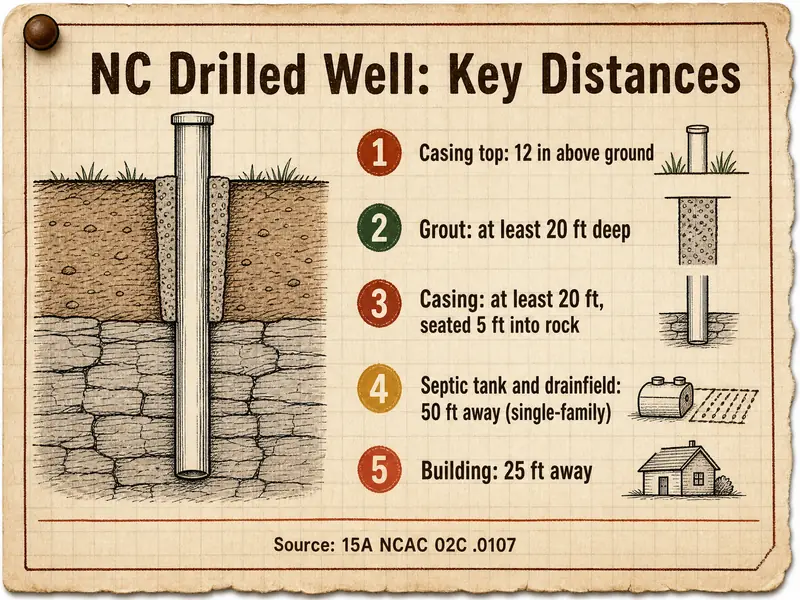 NC drilled well, key distances: casing top 12 in above ground; grout at least 20 ft deep; casing at least 20 ft, seated 5 ft into rock; septic tank and drainfield 50 ft away for a single-family home; building 25 ft away. Source: 15A NCAC 02C .0107.