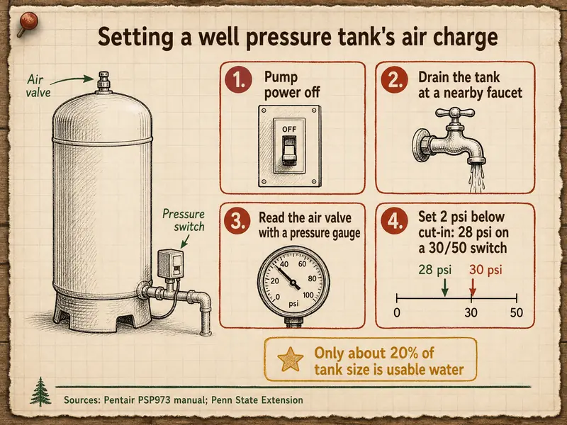 Setting a well pressure tank's air charge: 1, pump power off; 2, drain the tank at a nearby faucet; 3, read the air valve with a pressure gauge; 4, set 2 psi below cut-in, 28 psi on a 30/50 switch. Note: only about 20% of tank size is usable water. Sources: Pentair PSP973 manual; Penn State Extension.