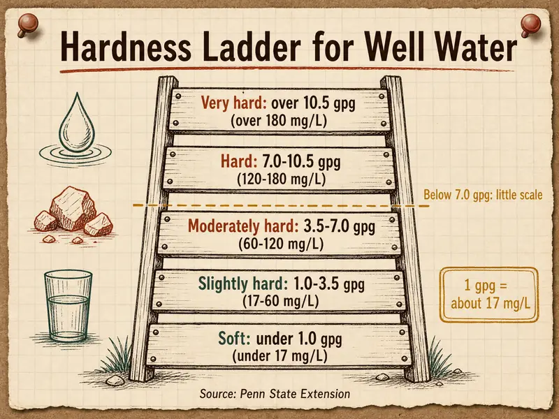 Hardness Ladder for Well Water. Soft: under 1.0 gpg (under 17 mg/L). Slightly hard: 1.0-3.5 gpg (17-60 mg/L). Moderately hard: 3.5-7.0 gpg (60-120 mg/L). Hard: 7.0-10.5 gpg (120-180 mg/L). Very hard: over 10.5 gpg (over 180 mg/L). Below 7.0 gpg: little scale. 1 gpg = about 17 mg/L. Source: Penn State Extension.
