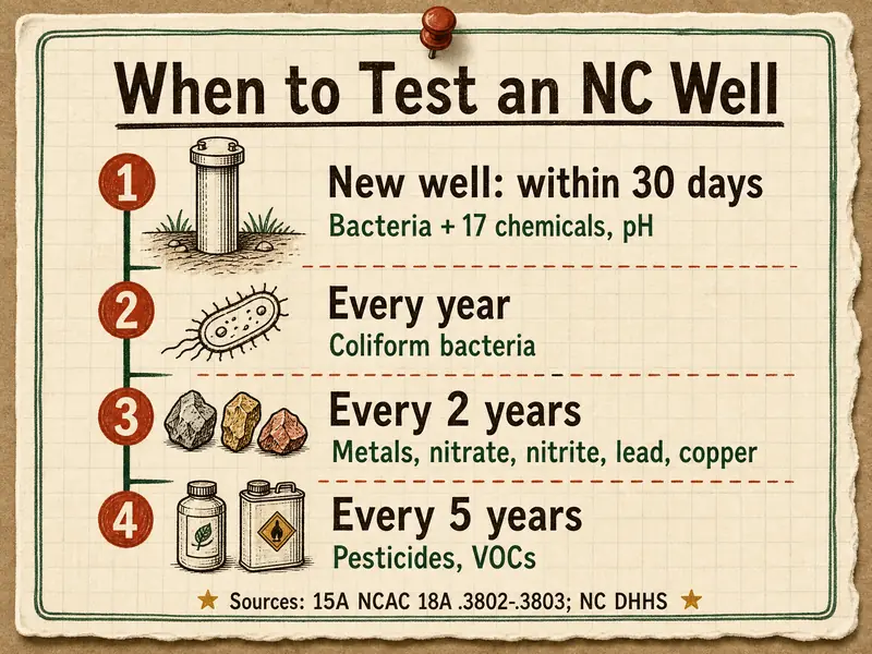When to test an NC well: new well within 30 days for bacteria plus 17 chemicals and pH; every year for coliform bacteria; every 2 years for metals, nitrate, nitrite, lead and copper; every 5 years for pesticides and VOCs. Sources: 15A NCAC 18A .3802-.3803 and NC DHHS.