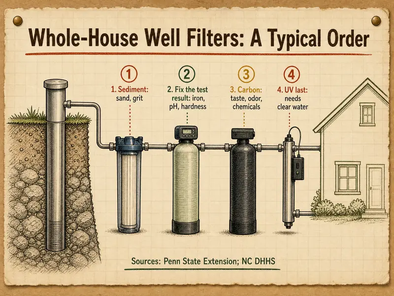 Whole-House Well Filters: A Typical Order. Water flows from a drilled well casing through four stations to the house. 1. Sediment: sand, grit. 2. Fix the test result: iron, pH, hardness. 3. Carbon: taste, odor, chemicals. 4. UV last: needs clear water. Sources: Penn State Extension; NC DHHS.